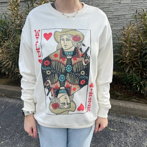 Lotus Fashion Collection Tops - Wild Card Queen of Hearts Crewneck Sweatshirt in White